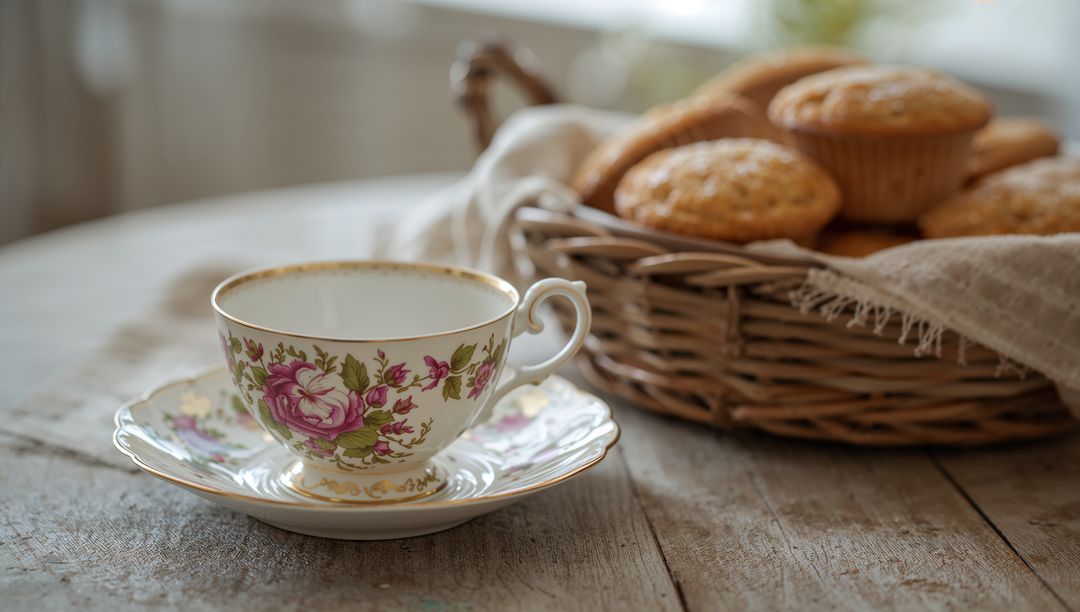 Vintage porcelain teacup sitting on rustic wooden table with wicker basket of muffins