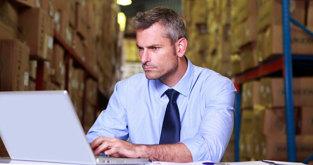 Warehouse Manager Using Laptop in Distribution Center