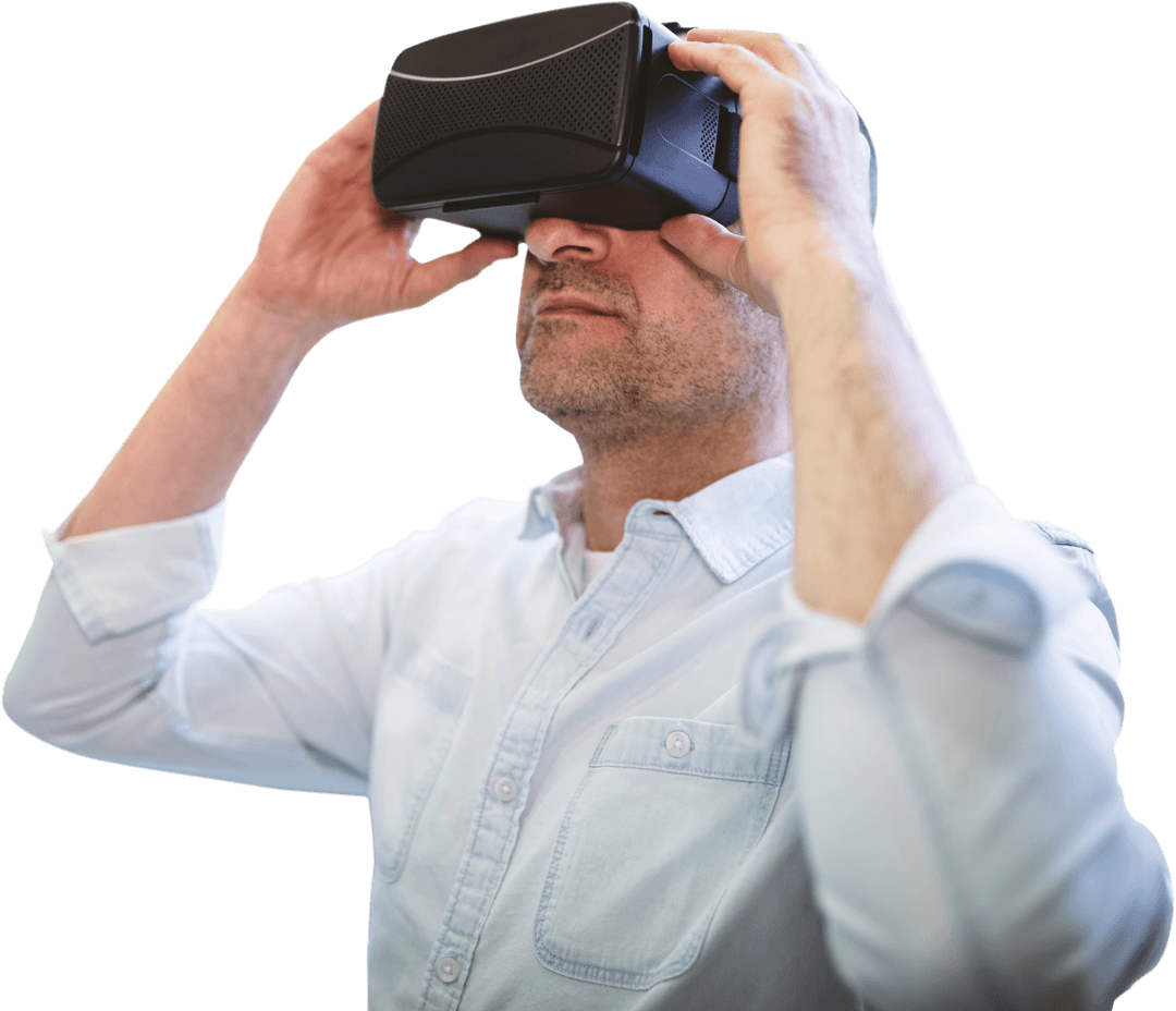 Caucasian Man Using VR Headset on Transparent Background