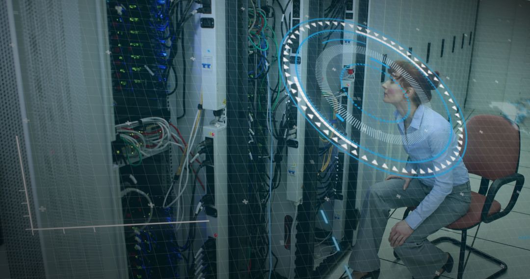 Businesswoman Analyzing Data Servers with Futuristic Interface