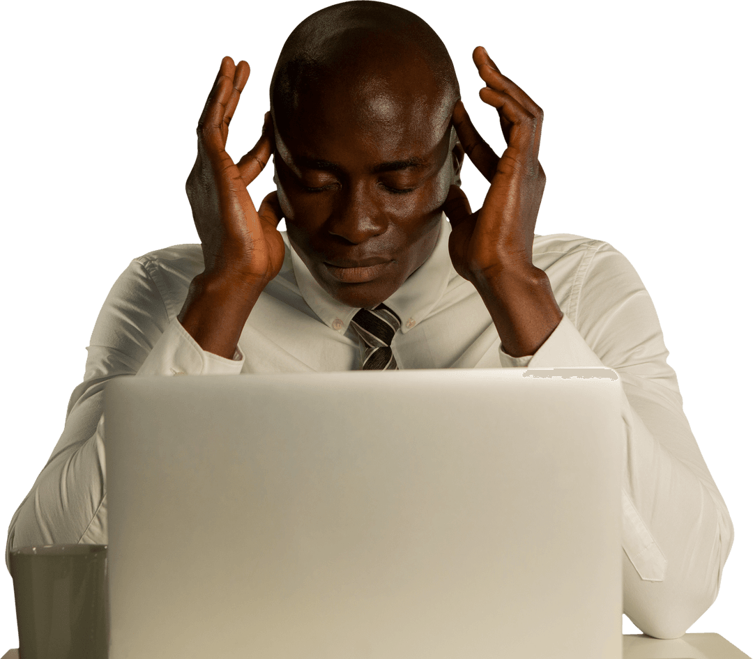 Transparent Background of Stressed Man Using Laptop at Work