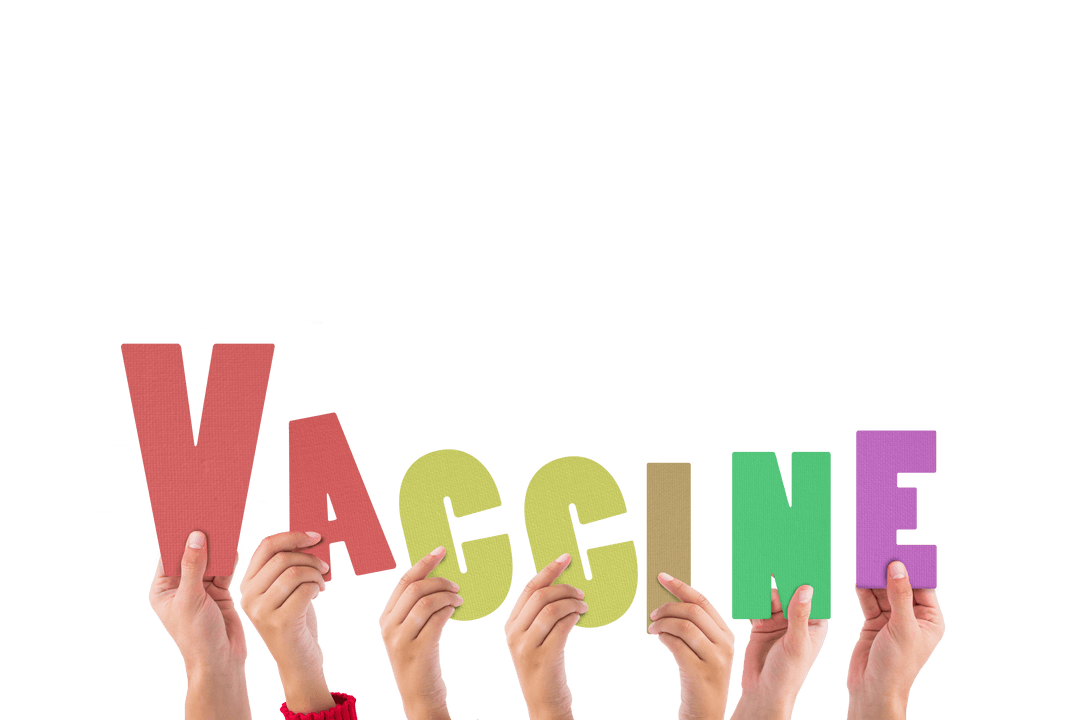 Hands Raising Colorful Vaccine Letters with Transparent Background