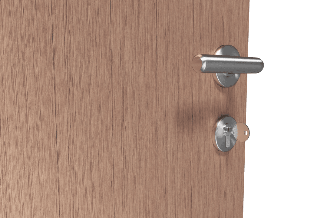 Brown Wooden Door with Key in Transparent Minimalist Style