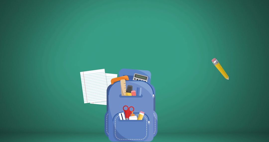 Colorful School Supplies Near Bookbag on Blank Greenboard