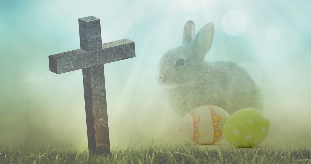 Symbolic Easter Scene with Cross, Bunny, and Egg Decorations