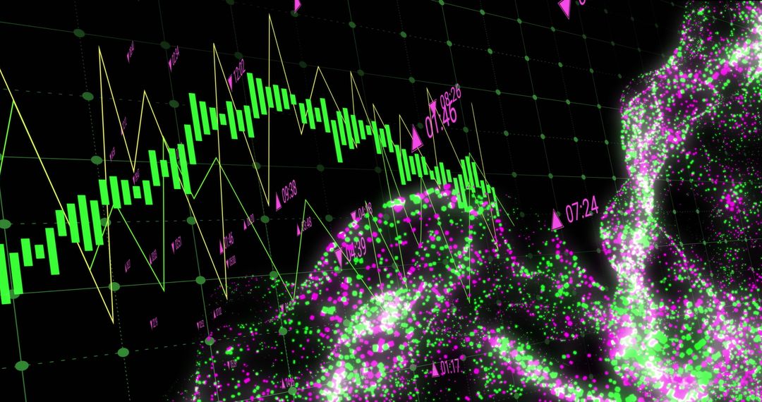 Digital Financial Data Illustration with Neon Graphs and Nodes
