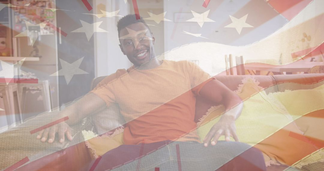 Smiling Man with United States Flag Overlay in Relaxing Home Environment