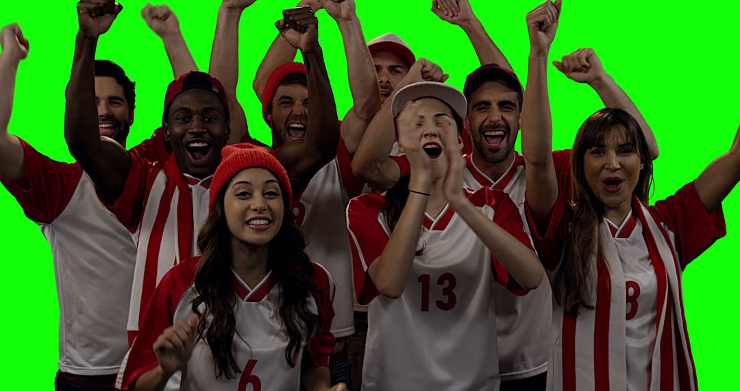 Diverse Group of Excited Fans Wearing Red and White Jerseys at Game - Free Images, Stock Photos and Pictures on Pikwizard.com