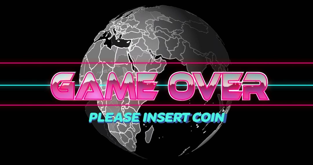Retro Game Over Screen with Neon Elements and Earth Illustration