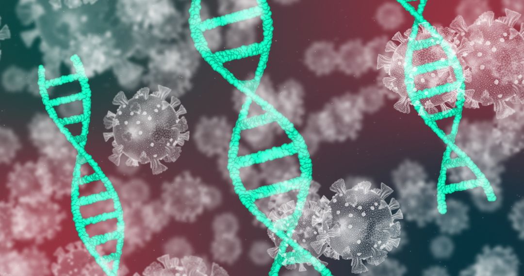 DNA Helixes Interweaving with Virus Cells on Dark Background
