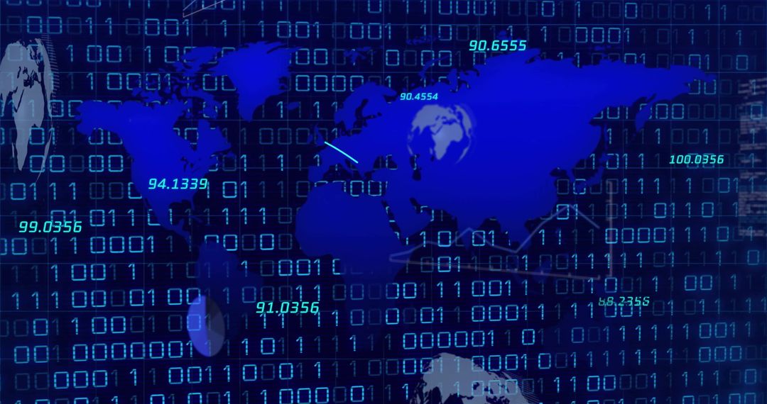 World Map Overlaying Data Code on Dark Background