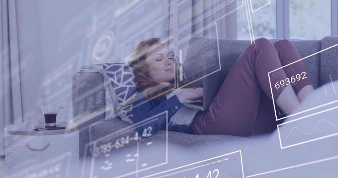 Woman Relaxing on Sofa While Data Visualizations Overlay