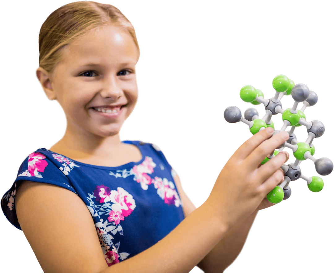 Young Girl Holding Molecular Structure with Transparent Background
