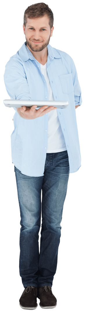 Smiling Man Presenting Laptop with Transparent Background