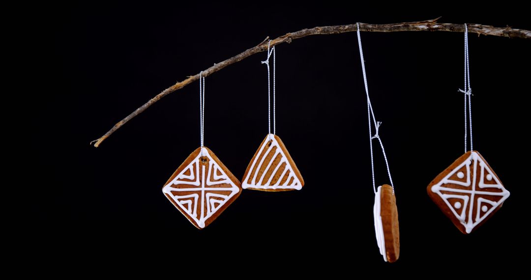 Hanging Geometric Gingerbread Cookies on Branch with Black Background - Free Images, Stock Photos and Pictures on Pikwizard.com