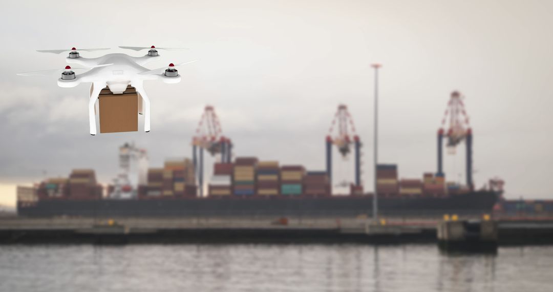 Drone Delivery Over Industrial Harbor with Cranes