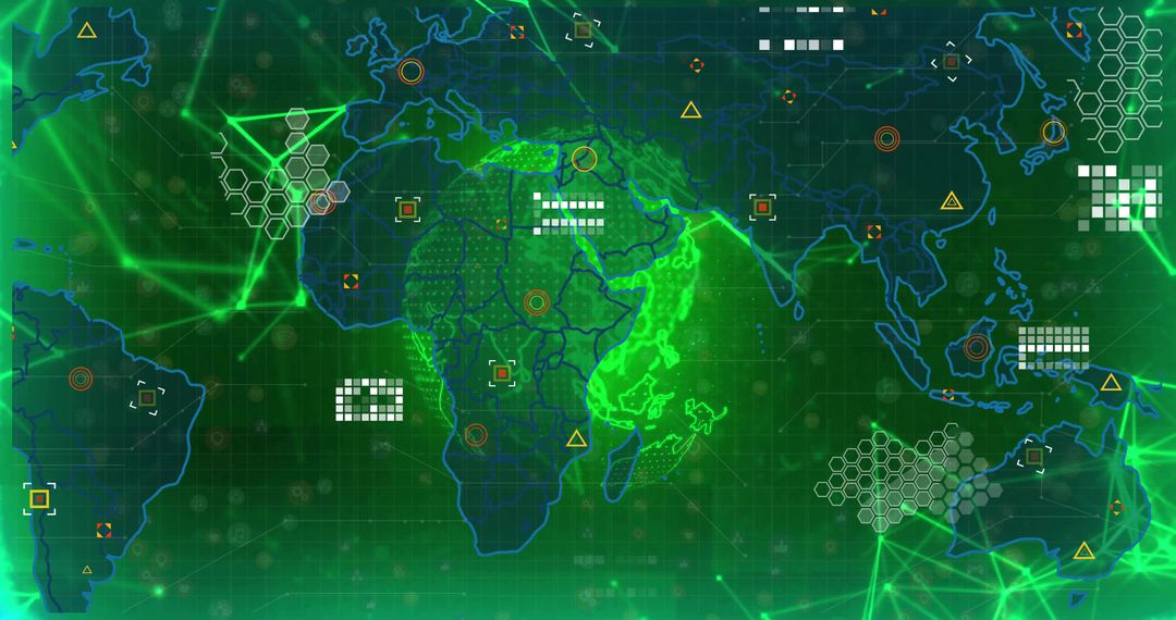 Neon Green Cyber World Map Dashboard Highlighting Africa Network Visualization