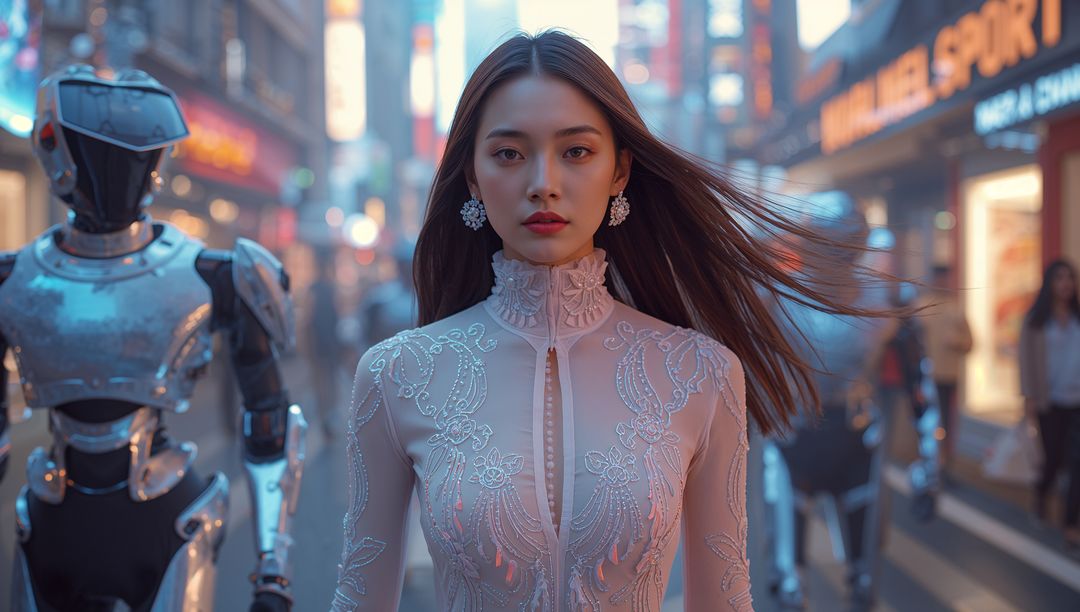 Futuristic Fashion Model with Robotics on Neon Urban Street