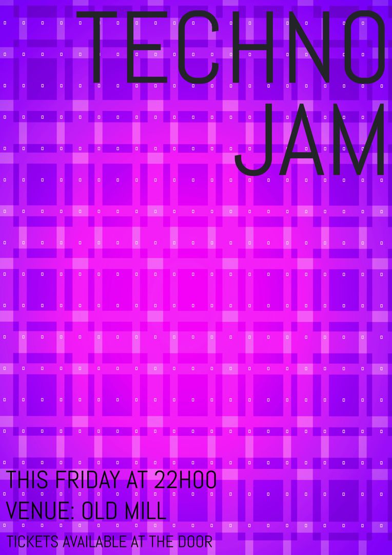 Vibrant Purple Techno Music Event Poster with Gradient Grid Design