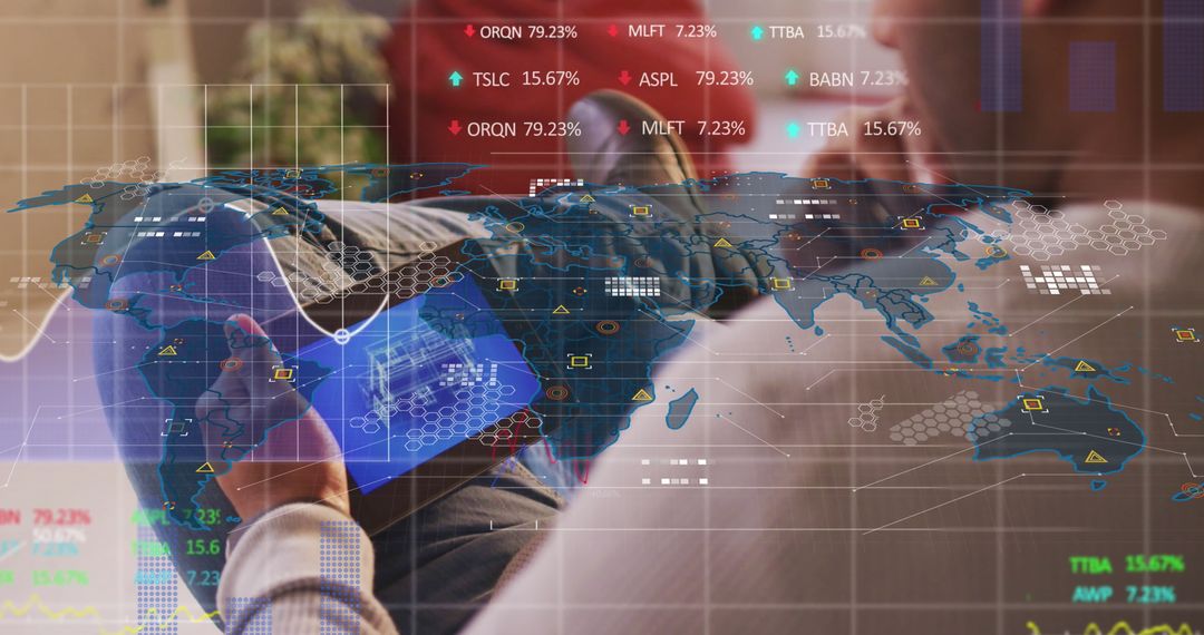 Man in Office Lounge Analyzing Global Stock Data with Tablet