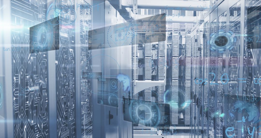 Futuristic Data Center with Digital Circuit Patterns and LED Lights