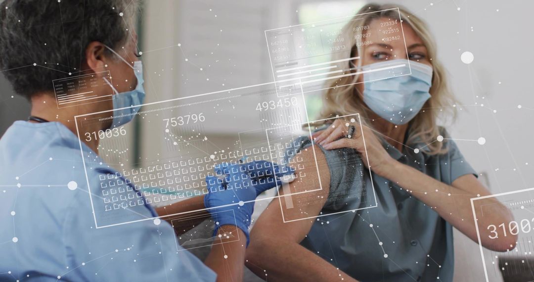Healthcare Professional Administering Vaccine with Digital Data Overlay