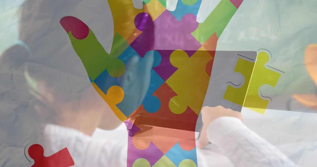 Child Using Tablet with Puzzle Overlay Signifying Creativity