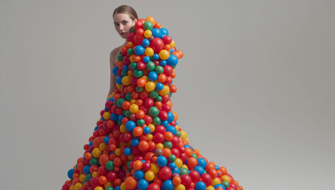 Model posing wearing avant-garde couture gown made from colorful plastic spheres editorial portrait