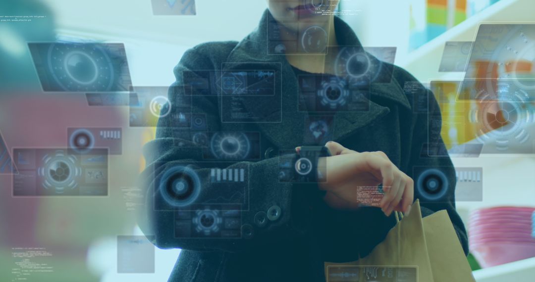 Woman Interacting with Virtual Data Technology Hologram Display
