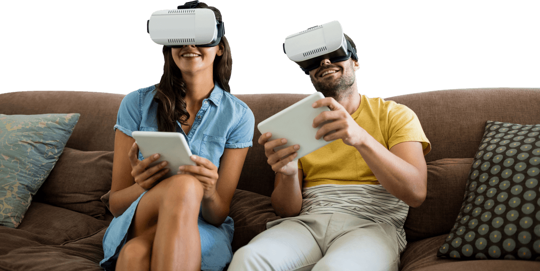 Couple Experiencing Virtual Reality with Tablets on Comfortable Couch