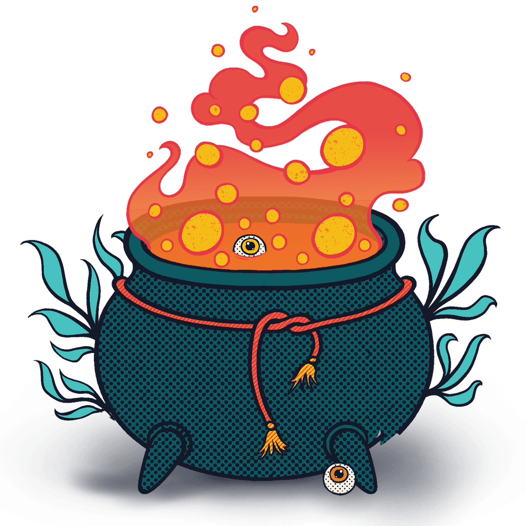 Whimsical Bubbling Cauldron with Rope and Eyeballs on Transparent Background