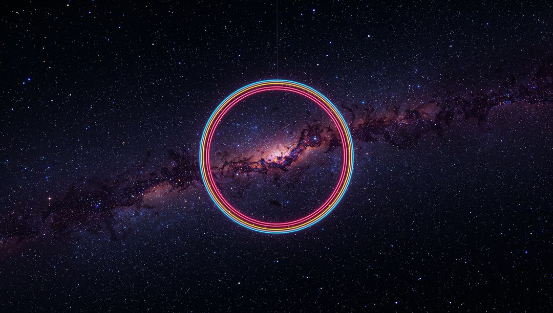 Multicolored Neon Rings Hovering Over Starry Milky Way Galaxy