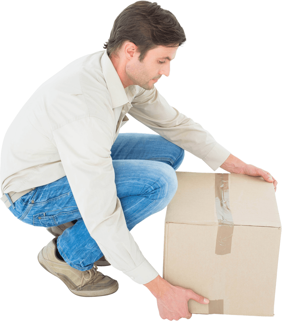 Crouching Delivery Worker Picking Up Transparent Cardboard Box - Download Free Stock Images Pikwizard.com