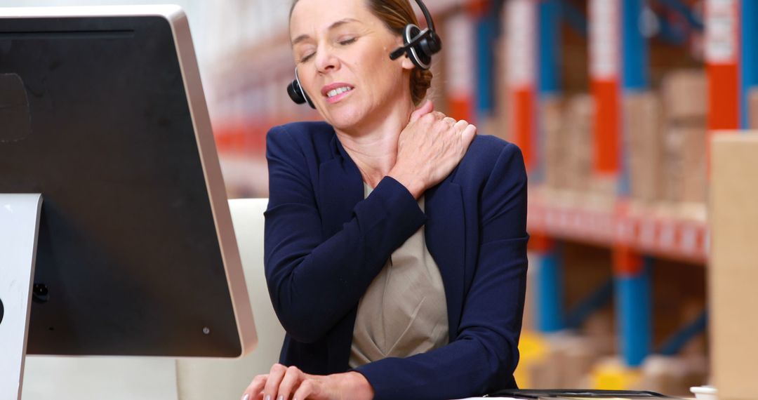 Warehouse Worker with Neck Pain Using Computer - Free Images, Stock Photos and Pictures on Pikwizard.com