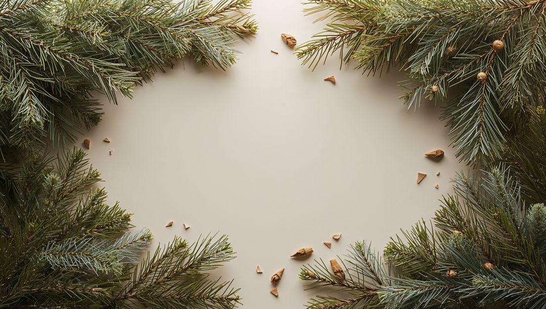 Evergreen Branch Frame Creating Minimalist Negative Space on Neutral Beige Surface
