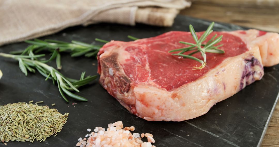 Seasoned Raw Steak with Rosemary and Spices on Chalkboard - Free Images, Stock Photos and Pictures on Pikwizard.com