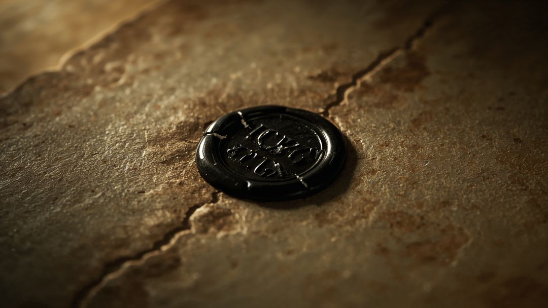 Close-Up of Embossed Black Wax Seal on Rustic Surface