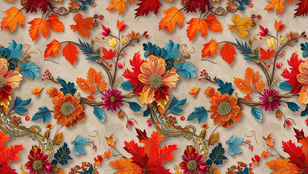 Seamless Autumn Floral Pattern with Gold Vines