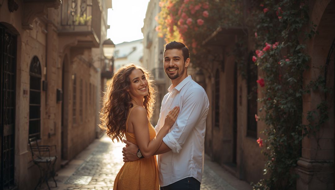 Smiling couple embracing on sunlit cobblestone street with blooming vines at golden hour