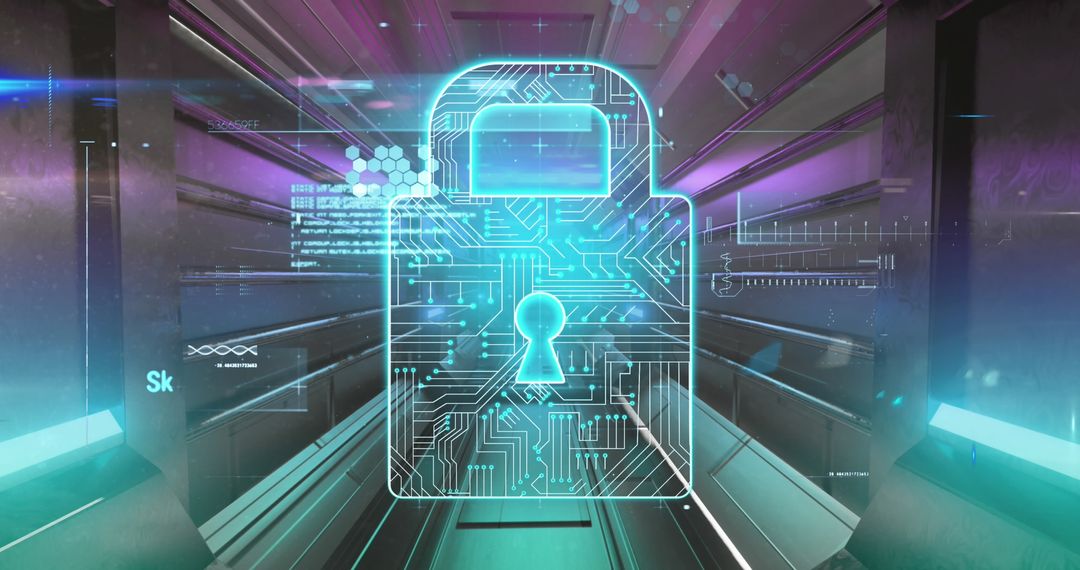 Digital Lock Icon in Corridor Symbolizing Advanced Cybersecurity Technology