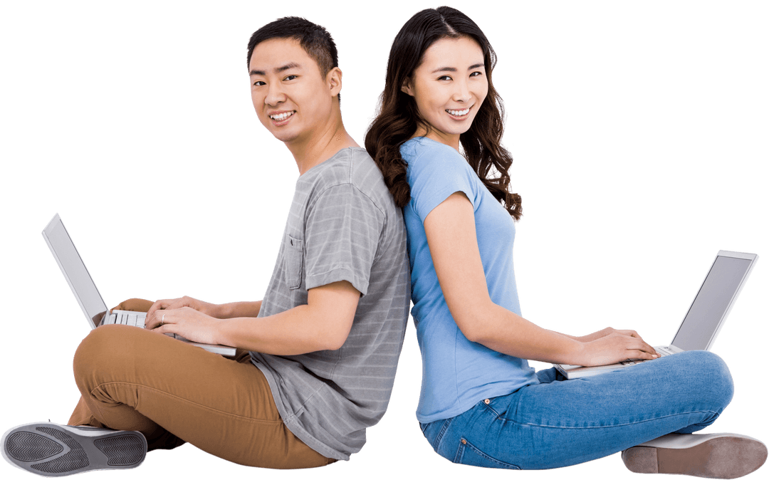 Transparent Back-to-Back Couple Working on Laptops