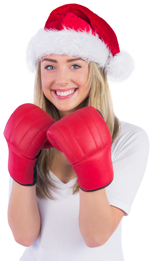 Cheerful Woman in Santa Hat with Boxing Gloves Transparent Background - Download Free Stock Images Pikwizard.com