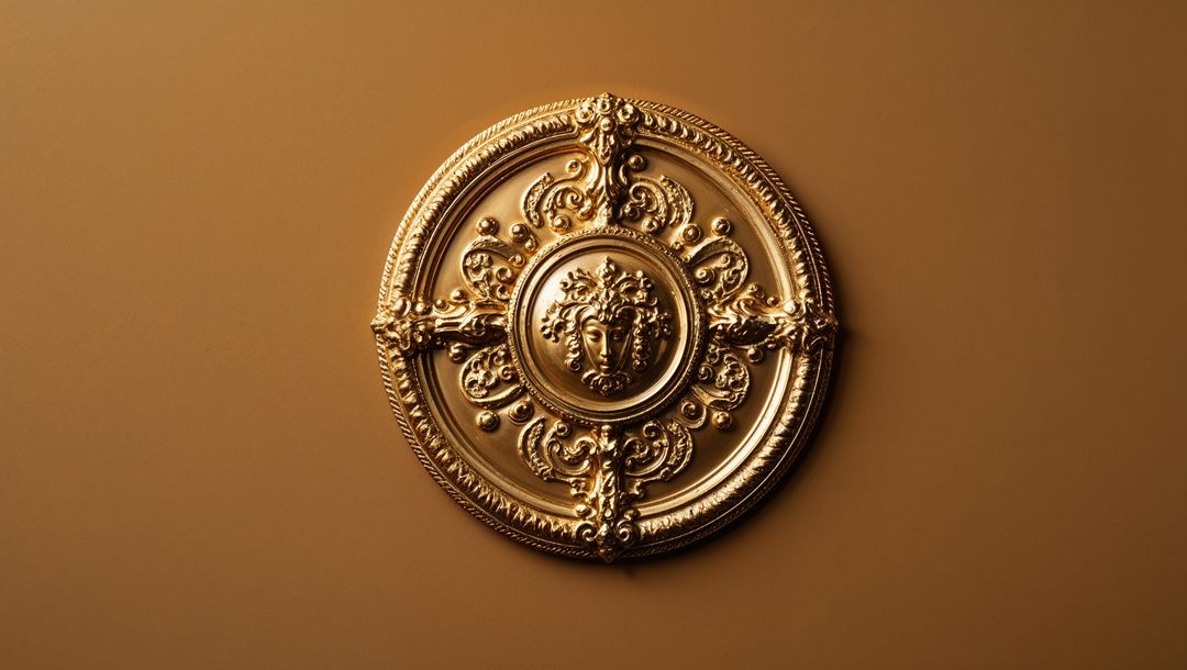 Ornate Golden Medallion on Brown Background with Baroque Design