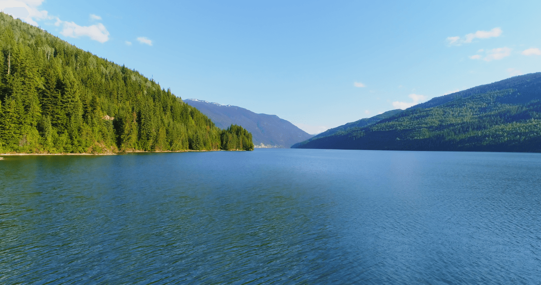 Transparent Lake and Verdant Mountains Under Clear Blue Sky