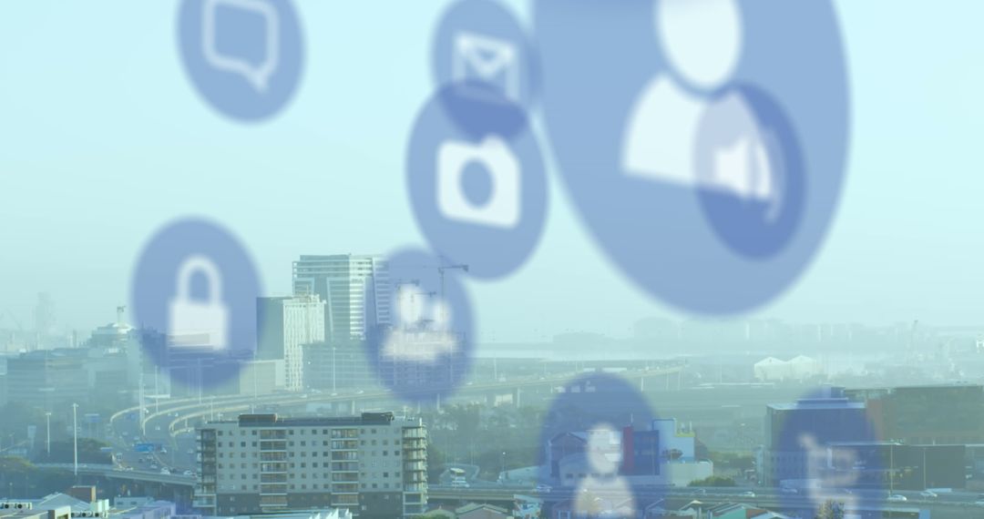 Digital Security Icons Over Urban Cityscape Skyline