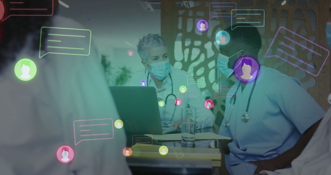 Medical Professionals Discussing in Office with Digital Chat Bubbles