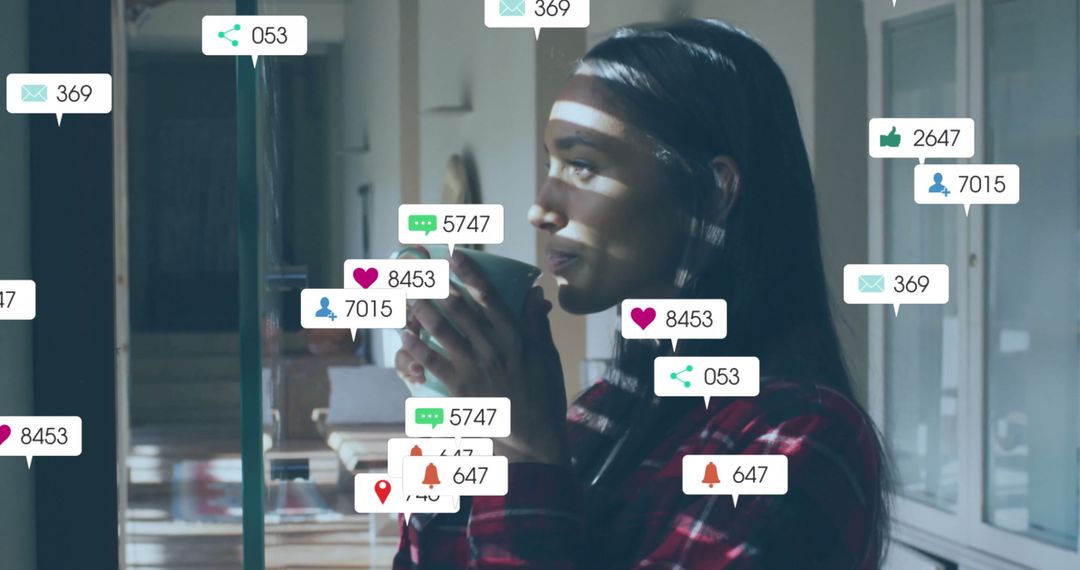 Woman Analyzing Social Media Data While Drinking Tea