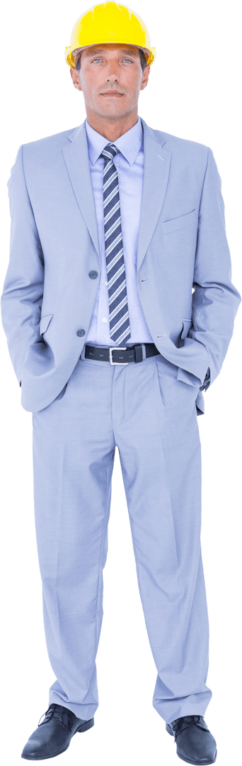 Confident Architect in Suit Wearing Yellow Hardhat on Transparent Background
