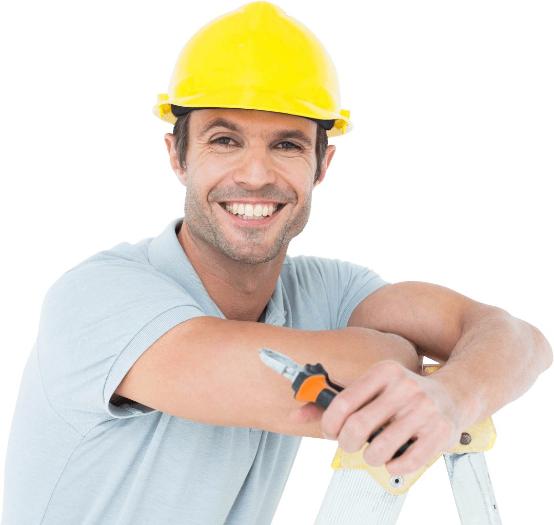 Smiling Technician in Safety Gear Holding Pliers with Transparent Background