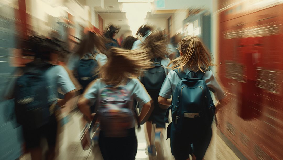 Dynamic Students Running Through School Corridor